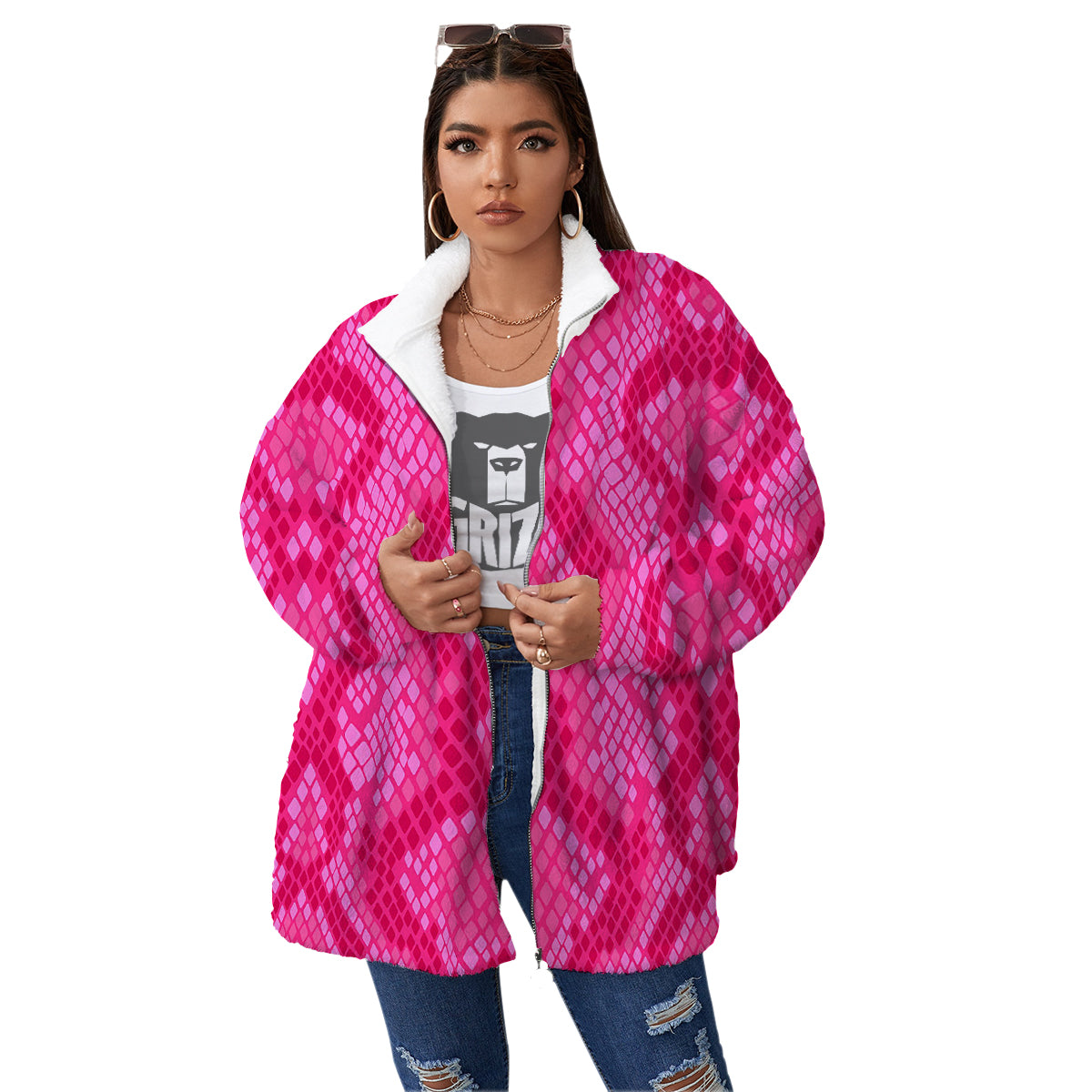 Snakeskin Black And Pink Neon Print Women's Sherpa Jacket-grizzshop