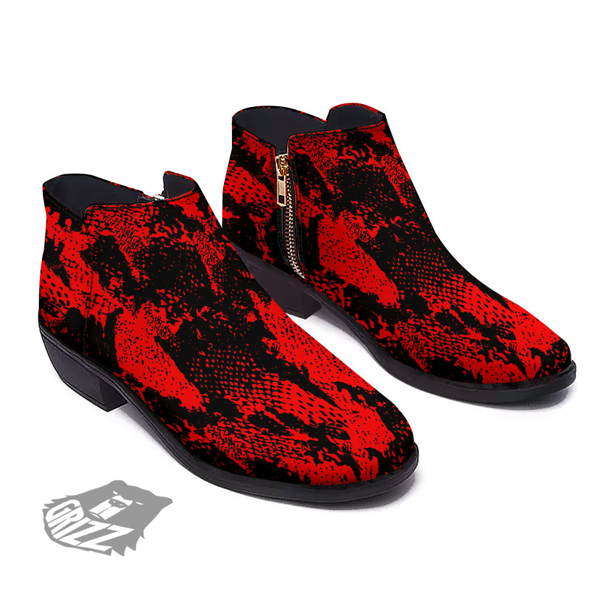 Snakeskin Black And Red Print Ankle Boots-grizzshop