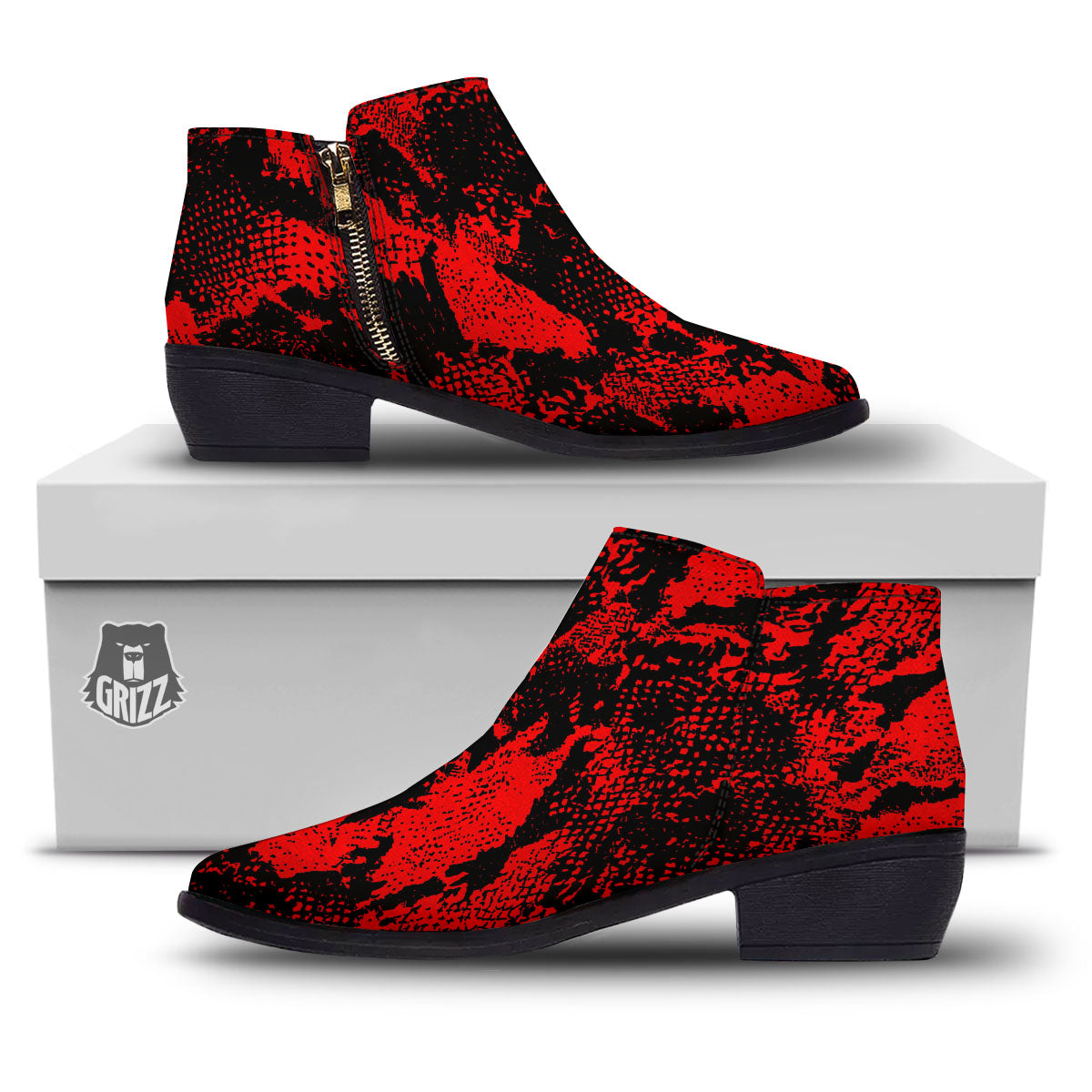 Snakeskin Black And Red Print Ankle Boots-grizzshop