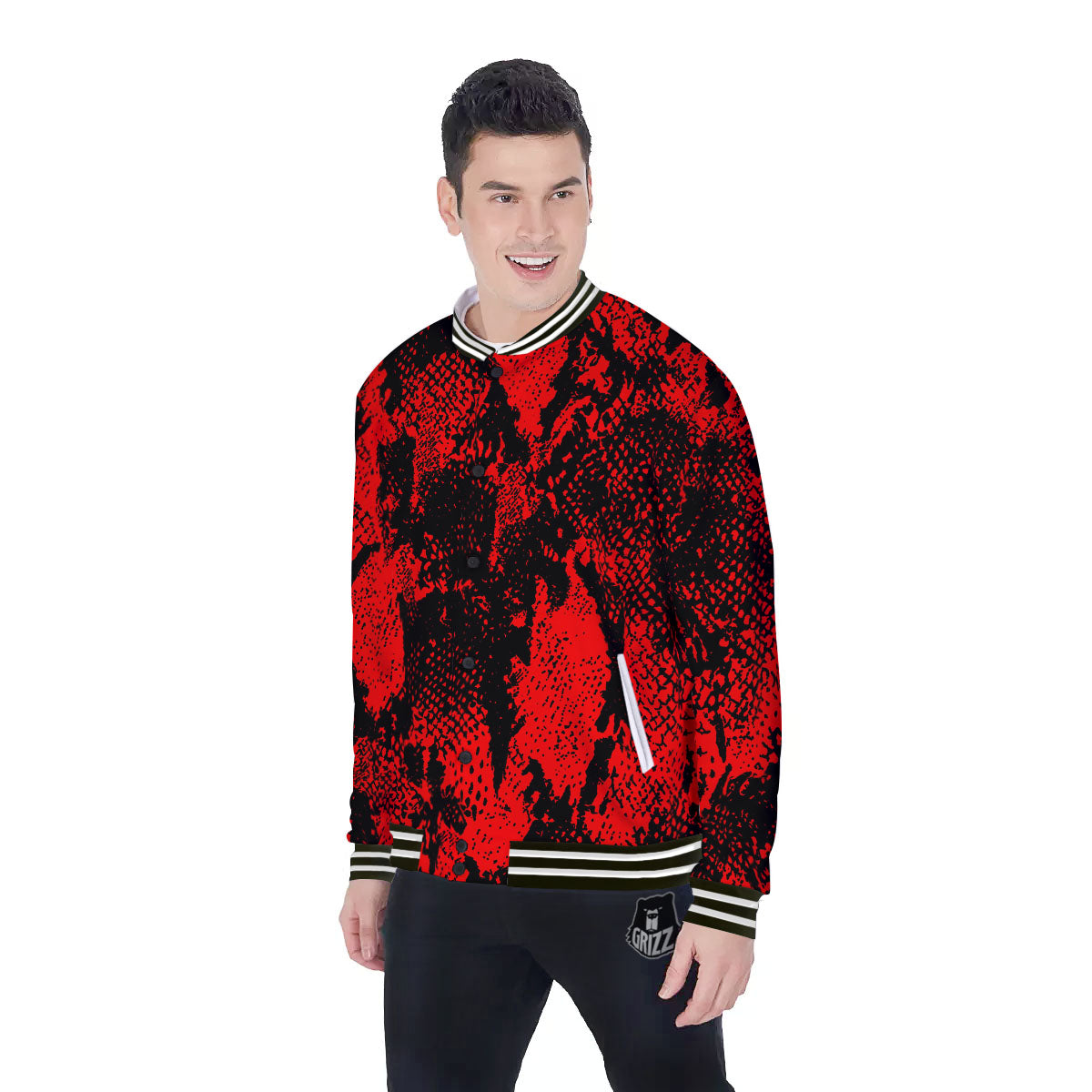 Snakeskin Black And Red Print Baseball Jacket-grizzshop