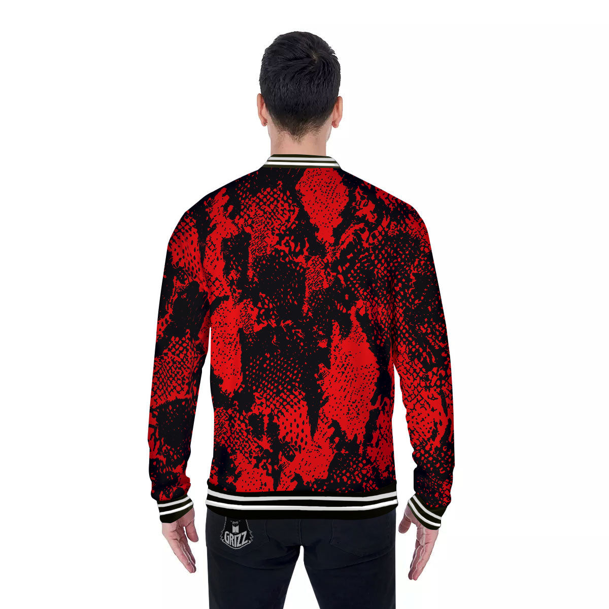 Snakeskin Black And Red Print Baseball Jacket-grizzshop
