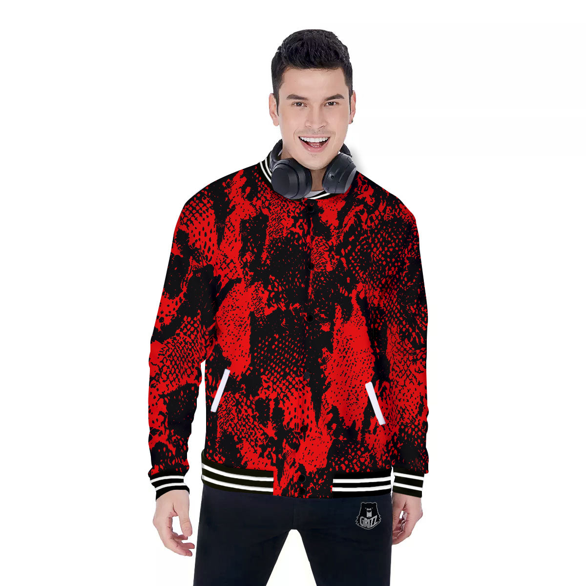 Snakeskin Black And Red Print Baseball Jacket-grizzshop