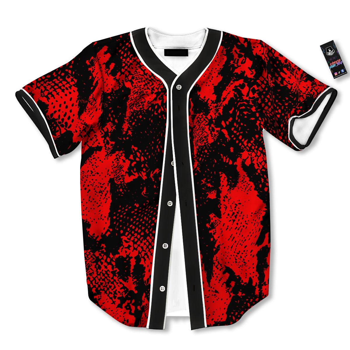 Snakeskin Black And Red Print Baseball Jersey-grizzshop