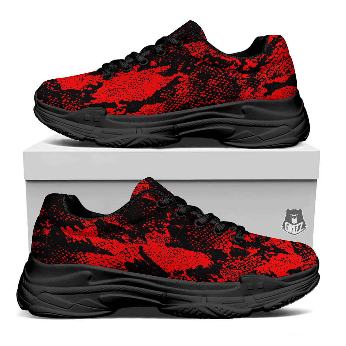 Snakeskin Black And Red Print Black Chunky Shoes-grizzshop