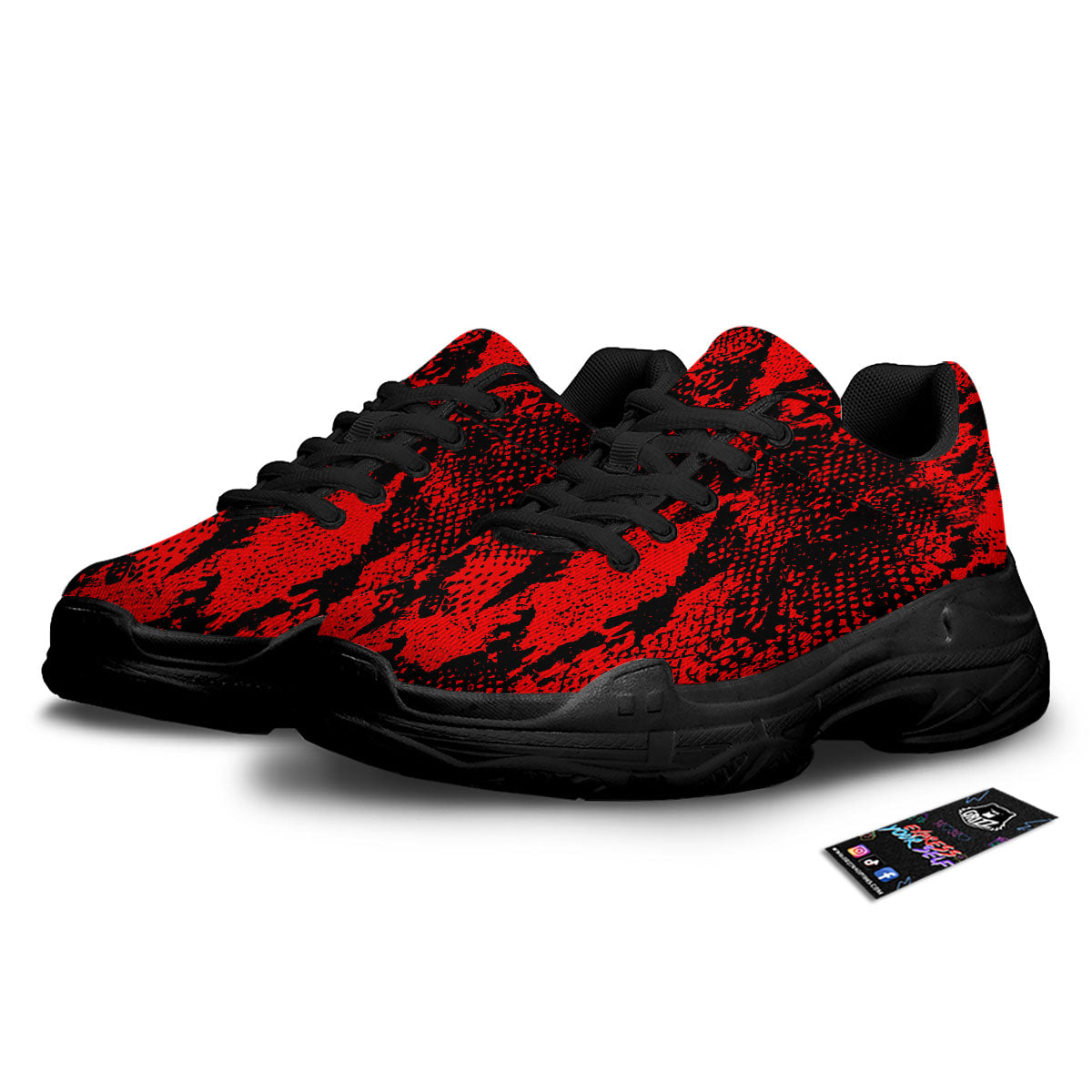 Snakeskin Black And Red Print Black Chunky Shoes-grizzshop
