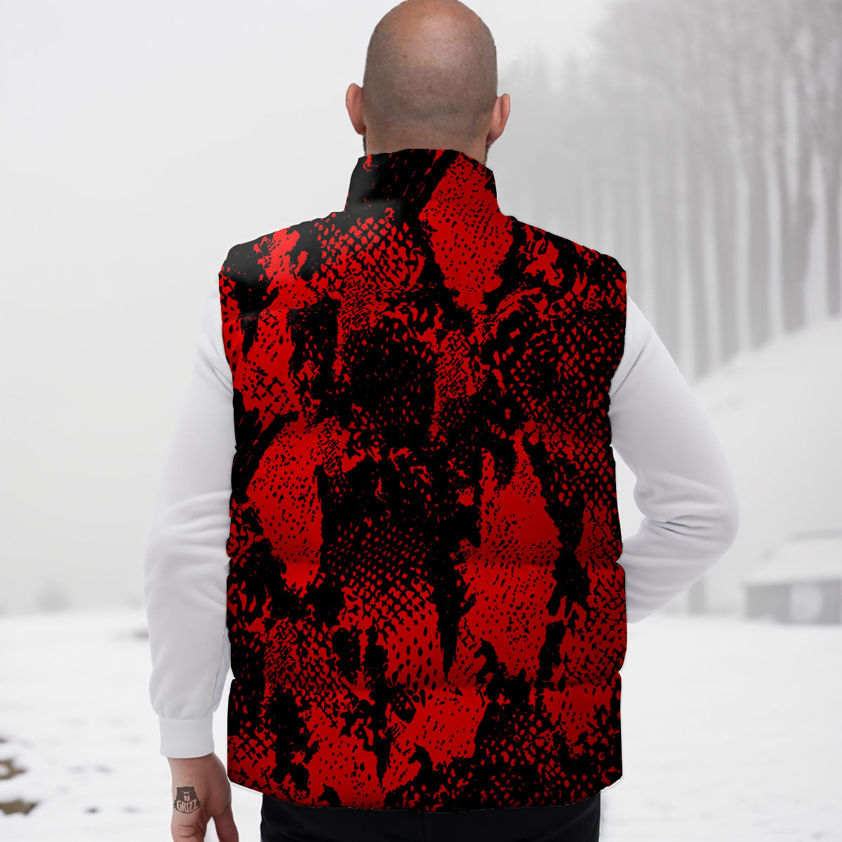 Snakeskin Black And Red Print Down Vest