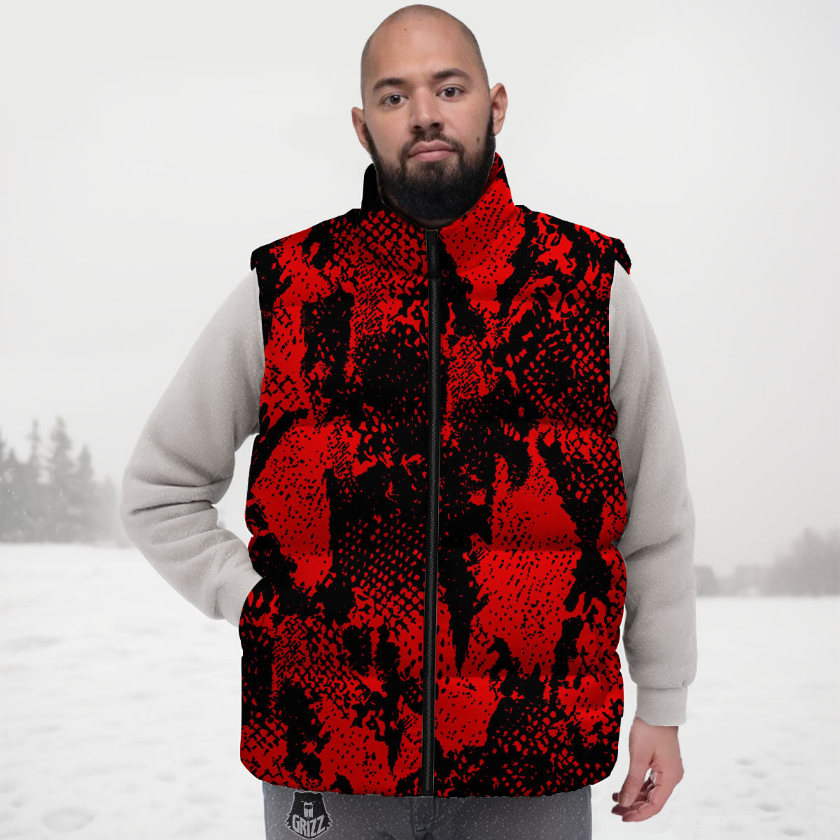 Snakeskin Black And Red Print Down Vest