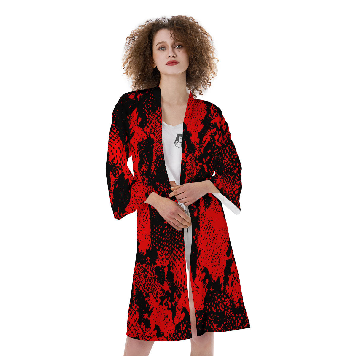 Snakeskin Black And Red Print Kimono-grizzshop