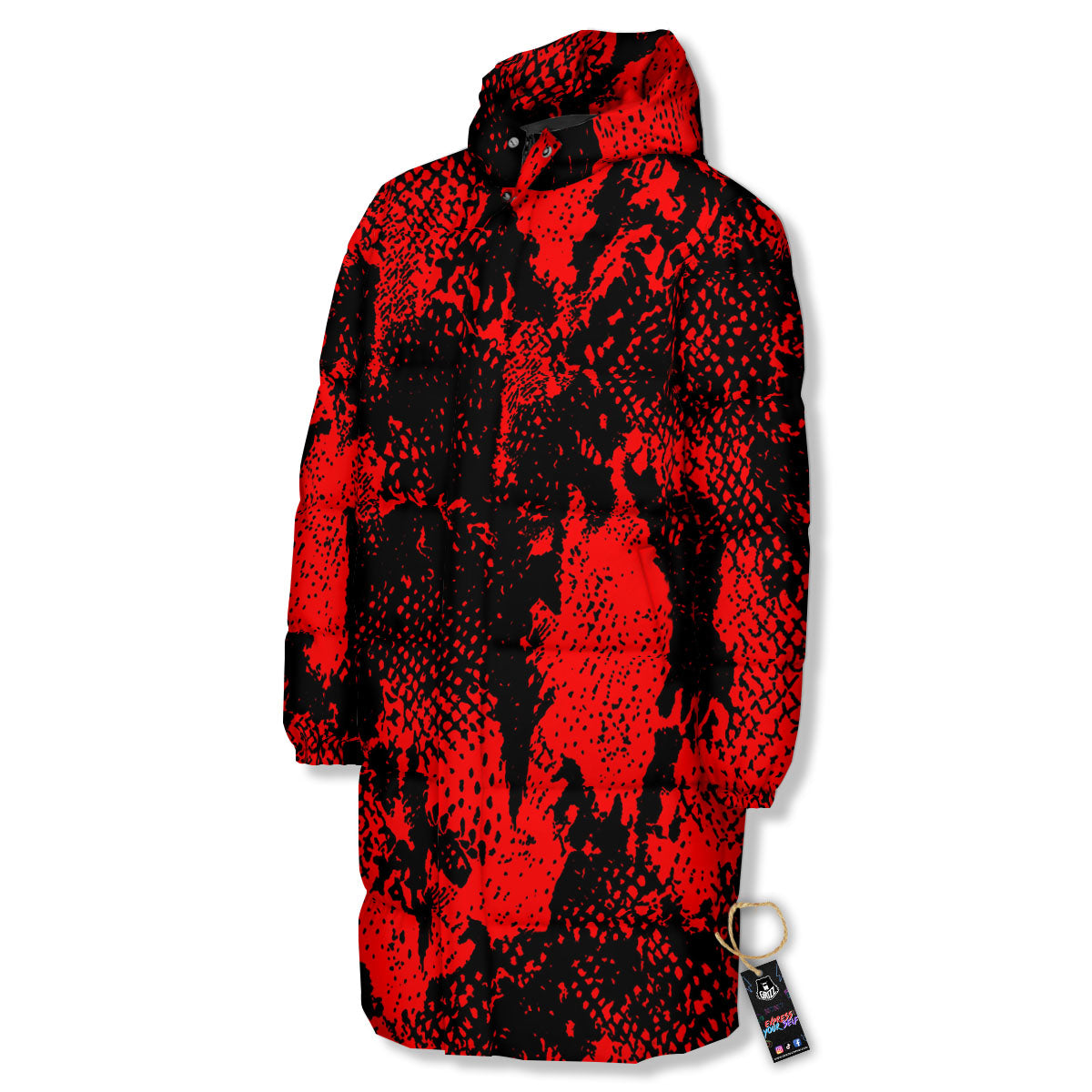 Snakeskin Black And Red Print Long Down Jacket-grizzshop