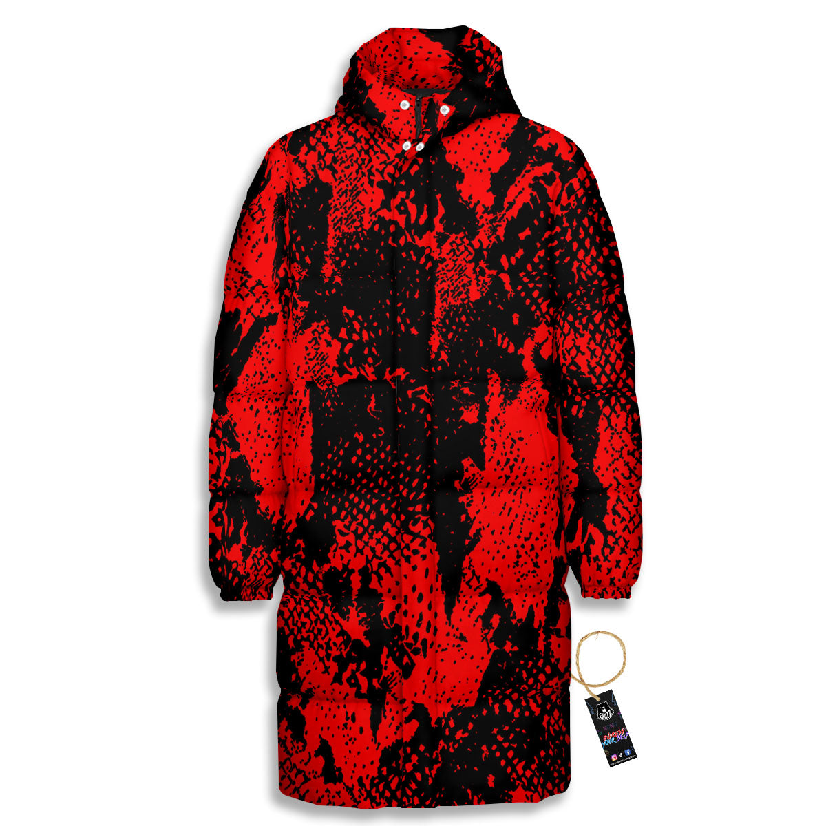 Snakeskin Black And Red Print Long Down Jacket-grizzshop