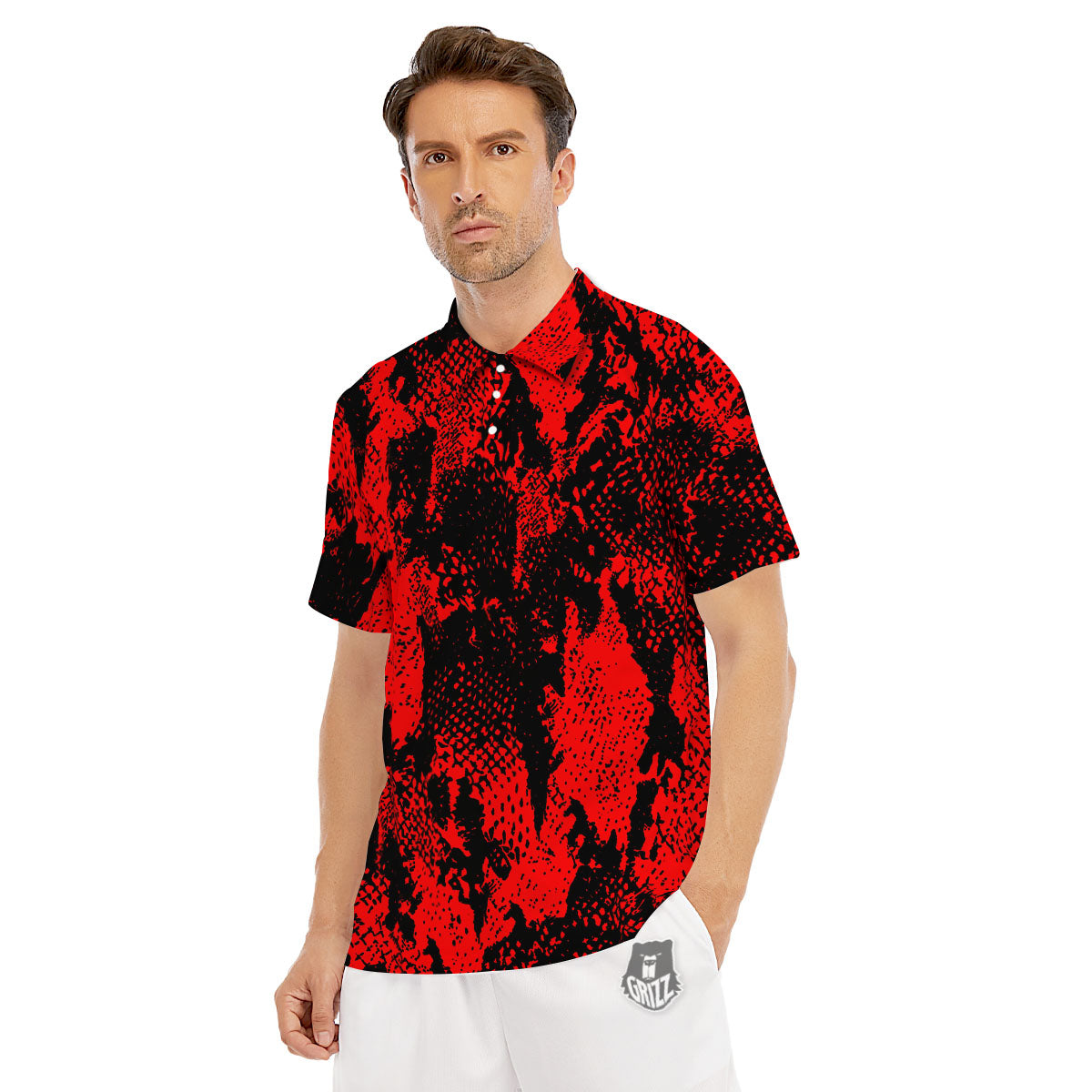 Snakeskin Black And Red Print Men's Golf Shirts-grizzshop