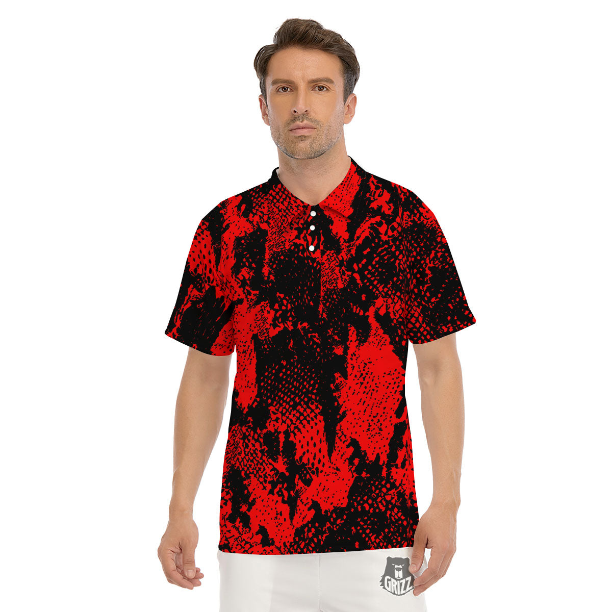 Snakeskin Black And Red Print Men's Golf Shirts-grizzshop