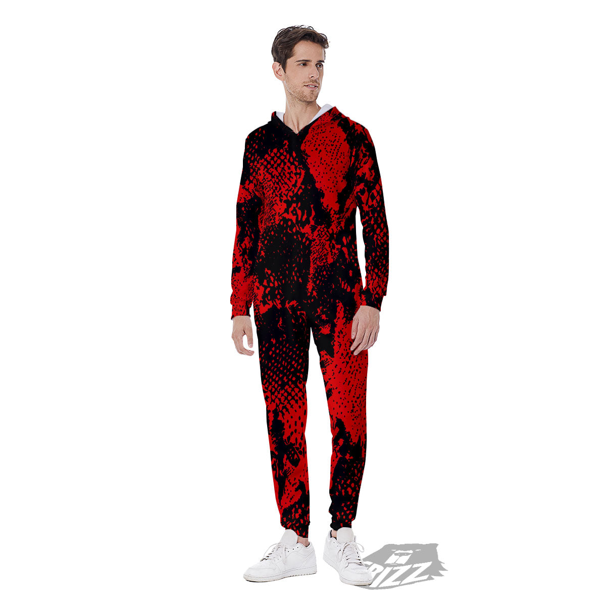 Snakeskin Black And Red Print Men's Jumpsuit-grizzshop