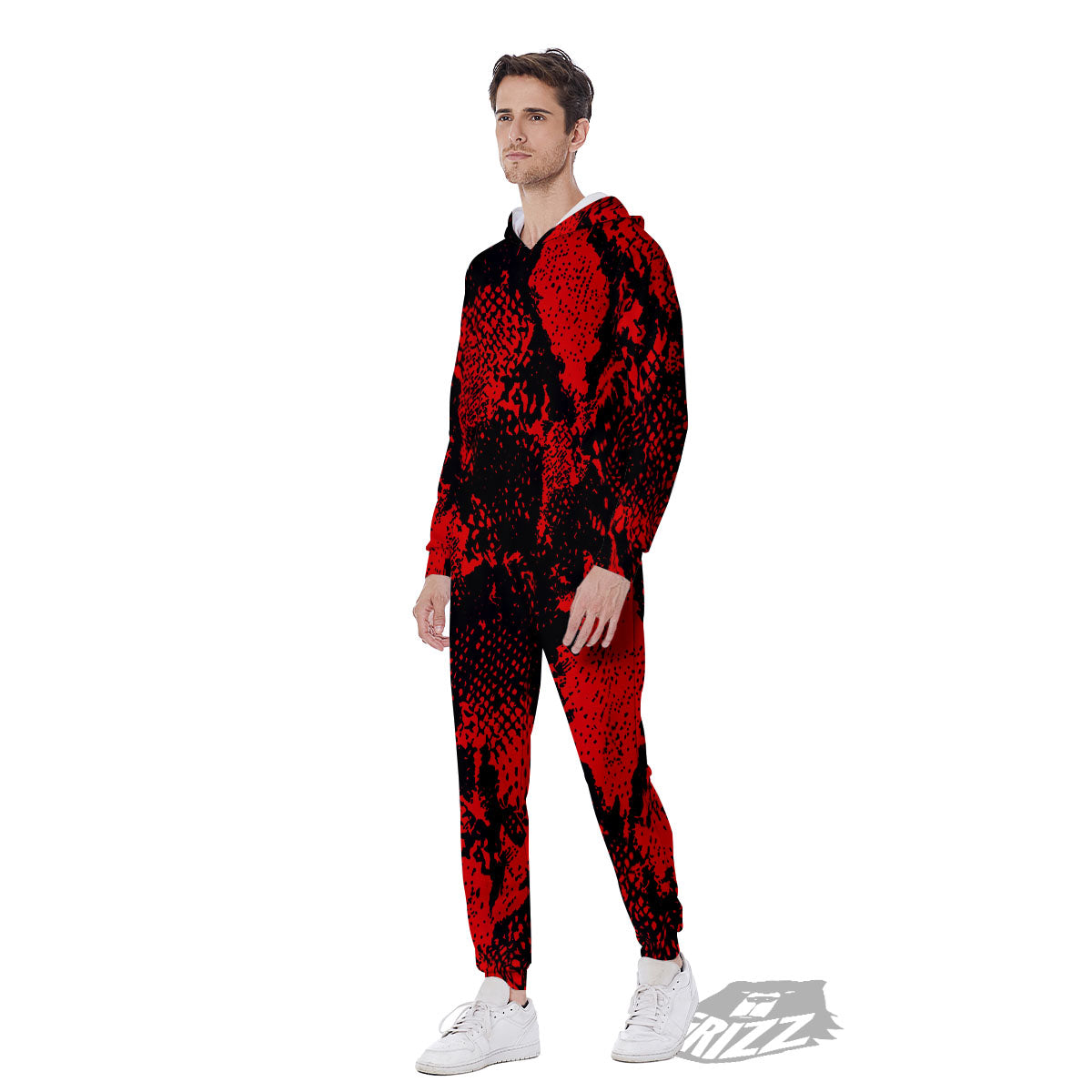 Snakeskin Black And Red Print Men's Jumpsuit-grizzshop