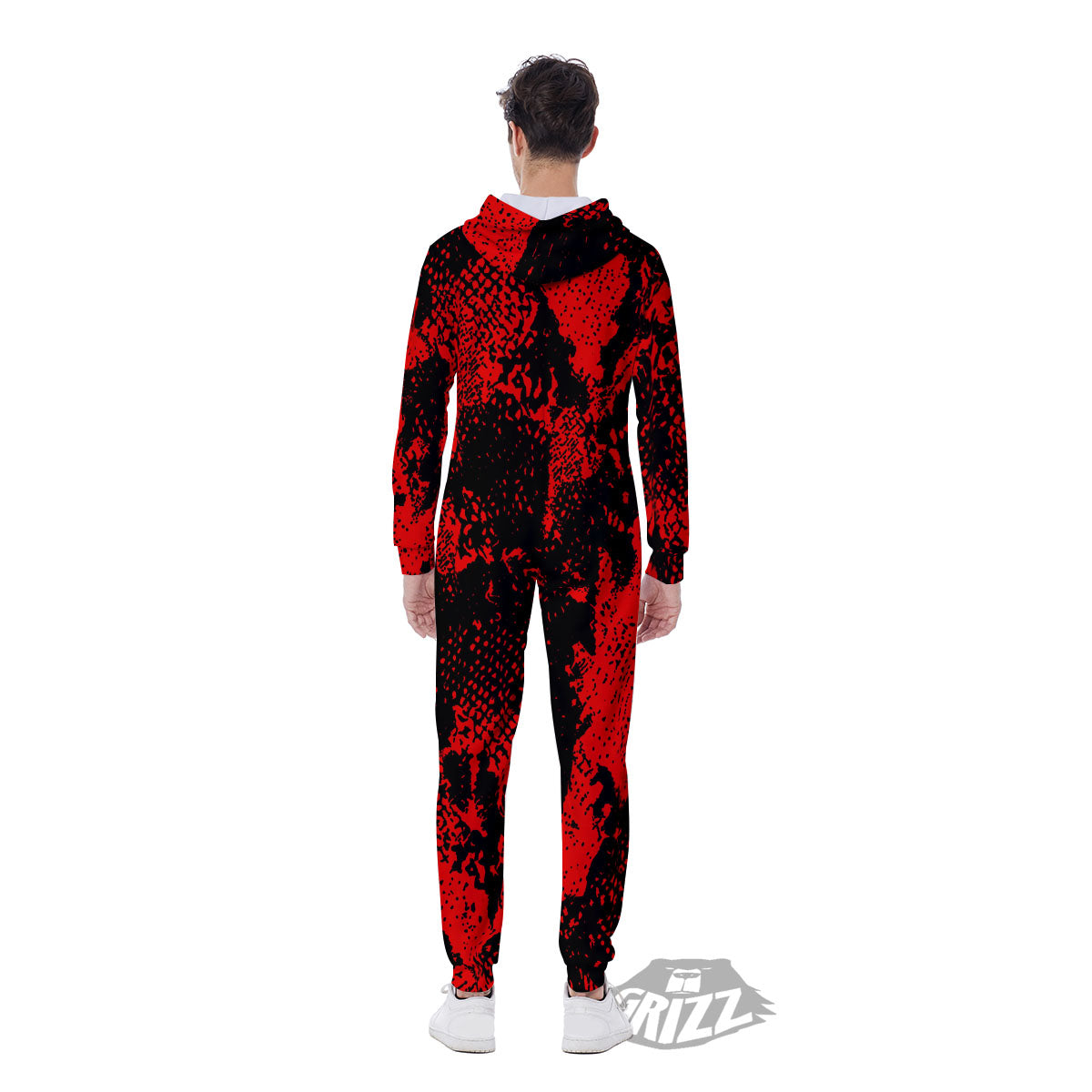Snakeskin Black And Red Print Men's Jumpsuit-grizzshop