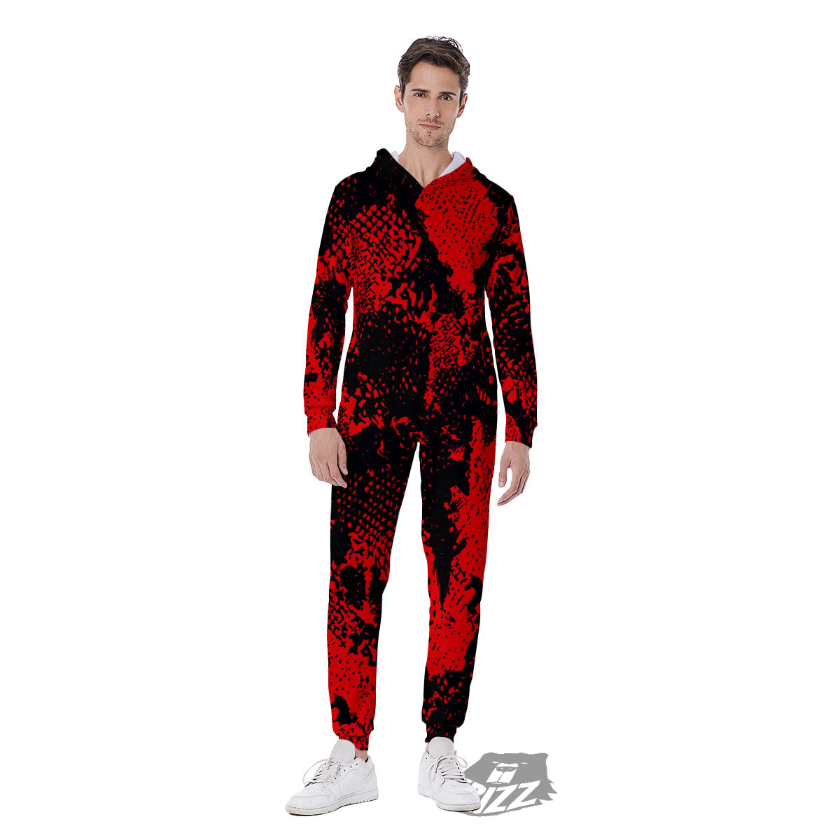 Snakeskin Black And Red Print Men's Jumpsuit-grizzshop
