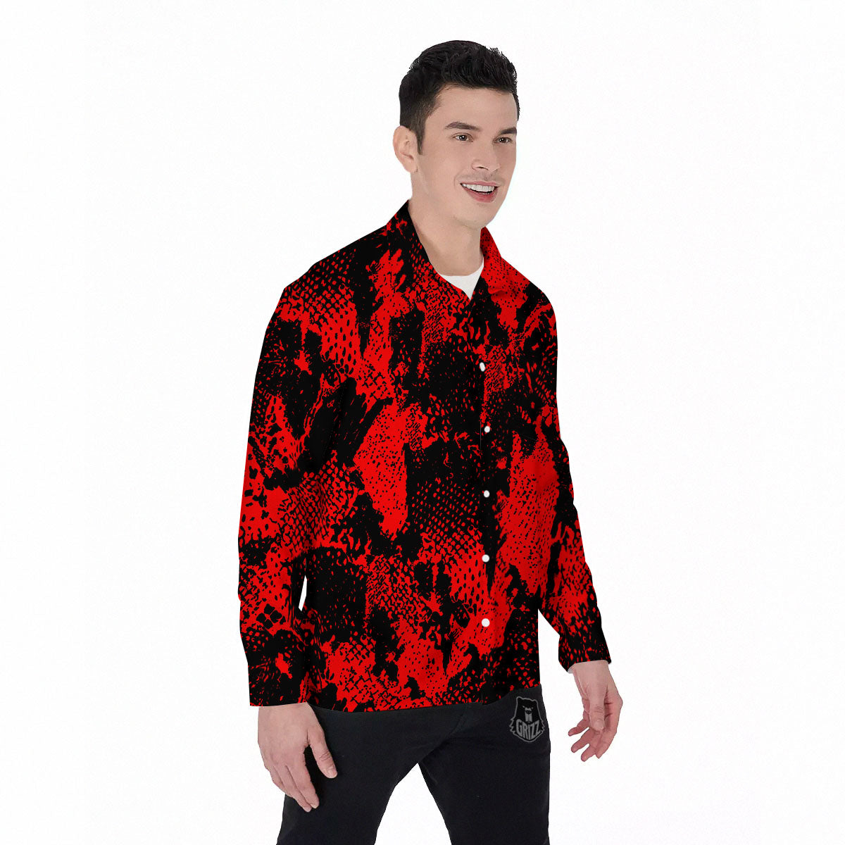 Snakeskin Black And Red Print Men's Long Sleeve Shirts-grizzshop