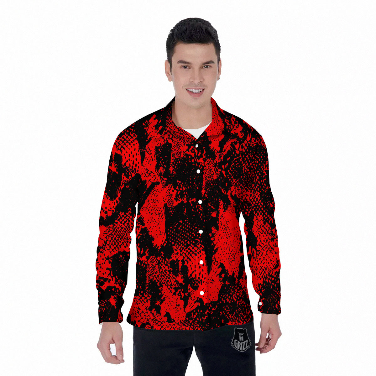 Snakeskin Black And Red Print Men's Long Sleeve Shirts-grizzshop