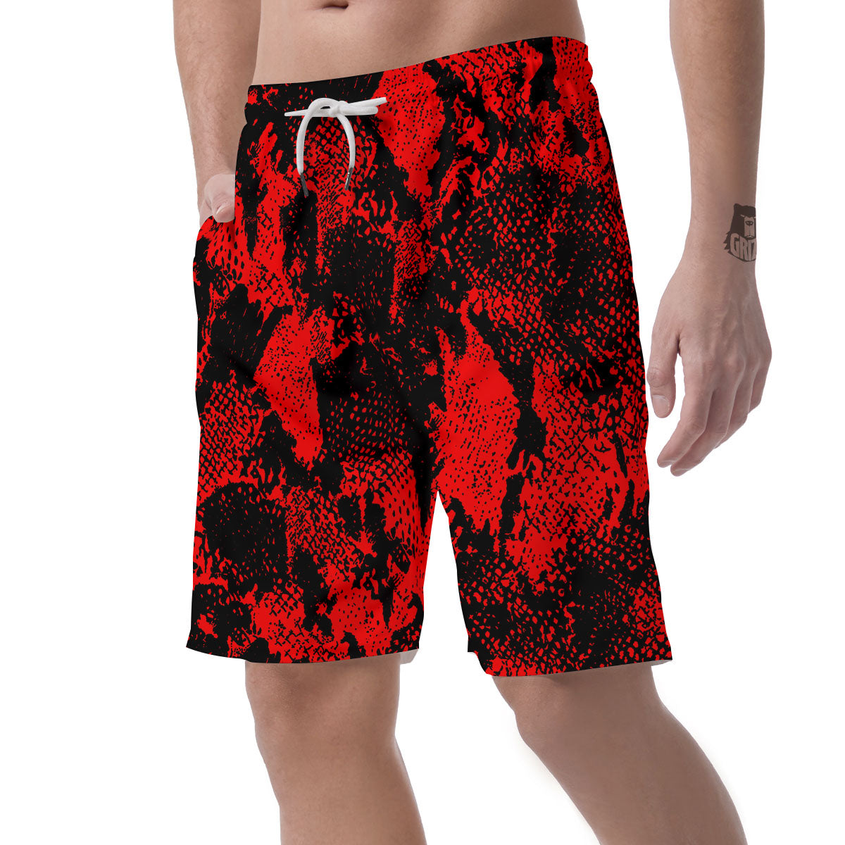 Snakeskin Black And Red Print Men's Shorts-grizzshop
