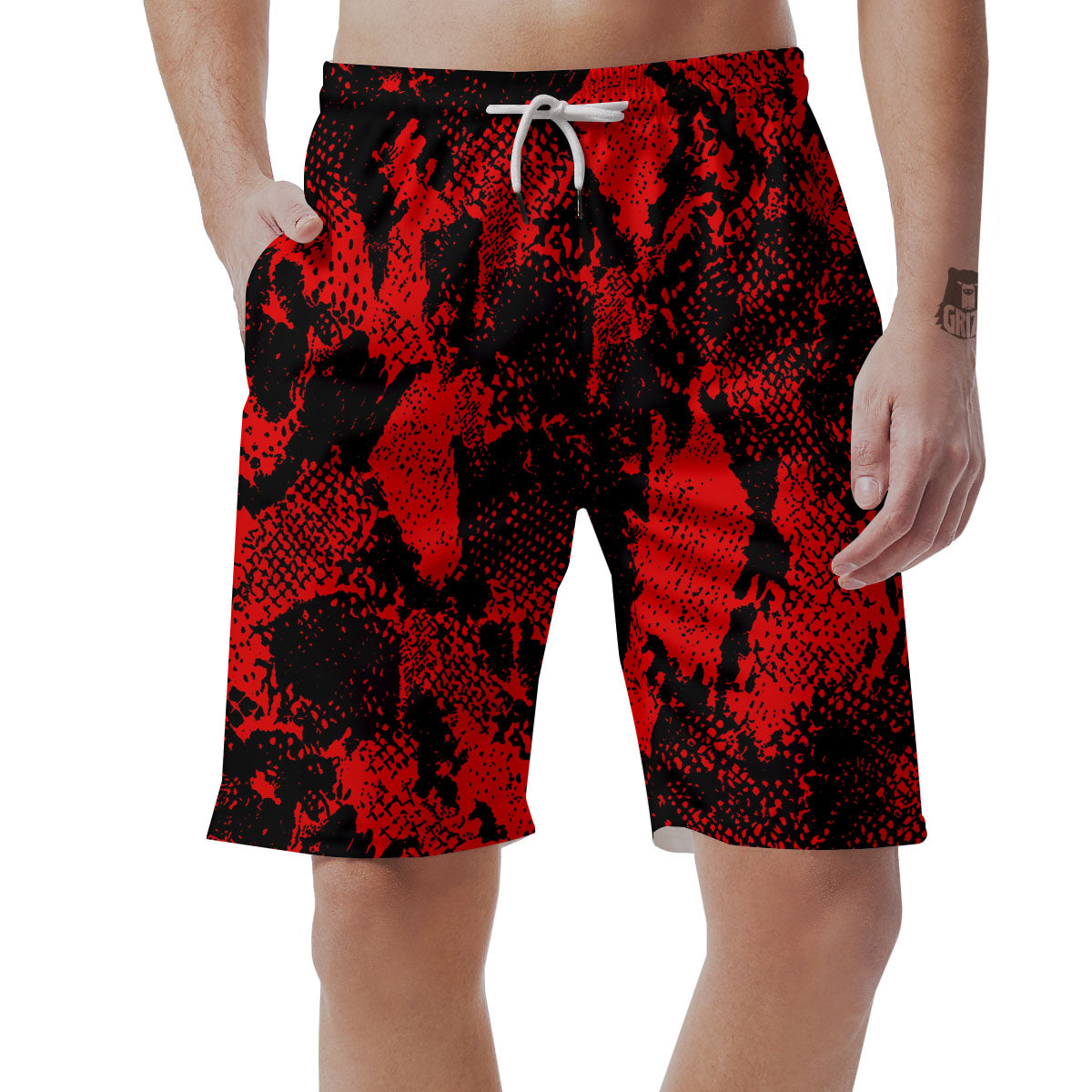 Snakeskin Black And Red Print Men's Shorts-grizzshop