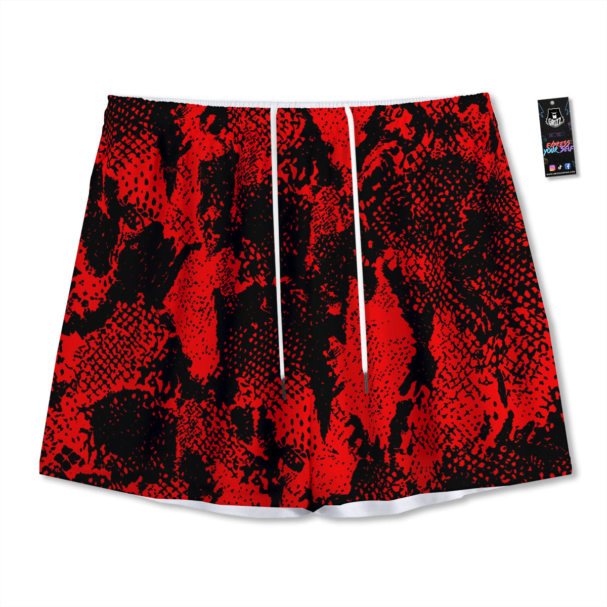 Snakeskin Black And Red Print Mesh Shorts