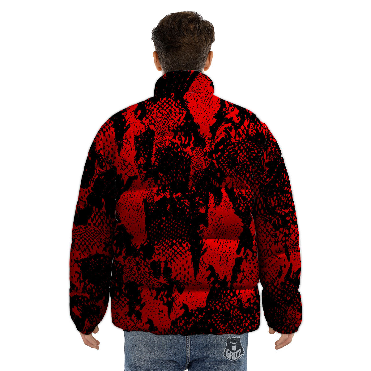 Snakeskin Black And Red Print Puffer Jacket-grizzshop