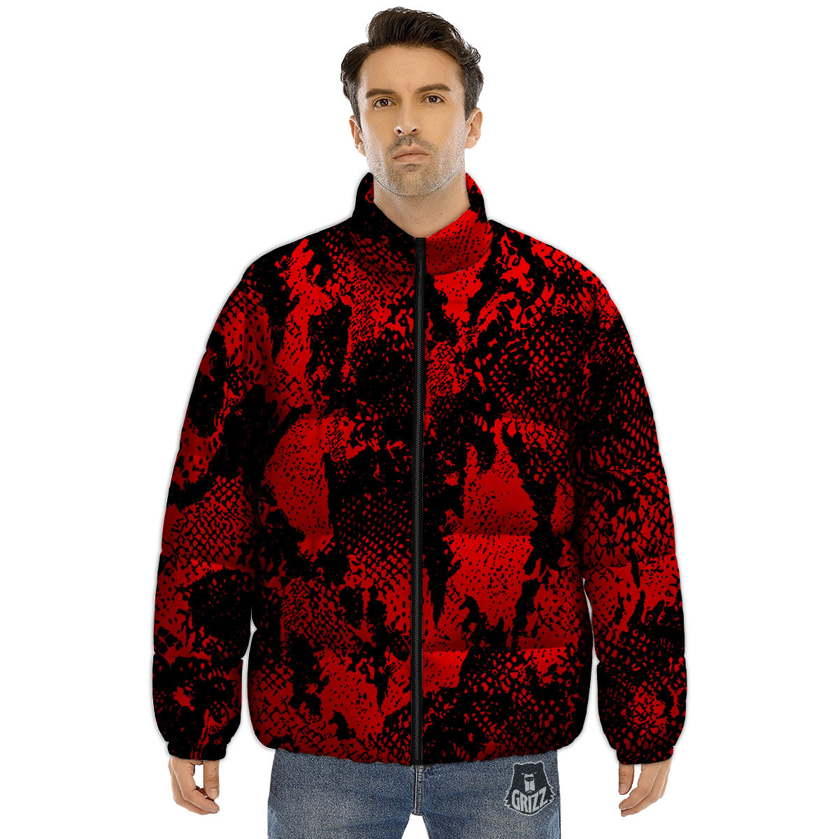 Snakeskin Black And Red Print Puffer Jacket-grizzshop