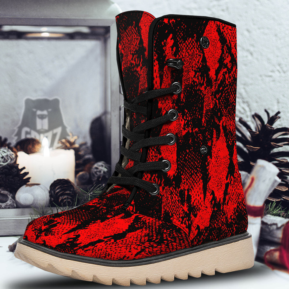 Snakeskin Black And Red Print Snow Boots-grizzshop