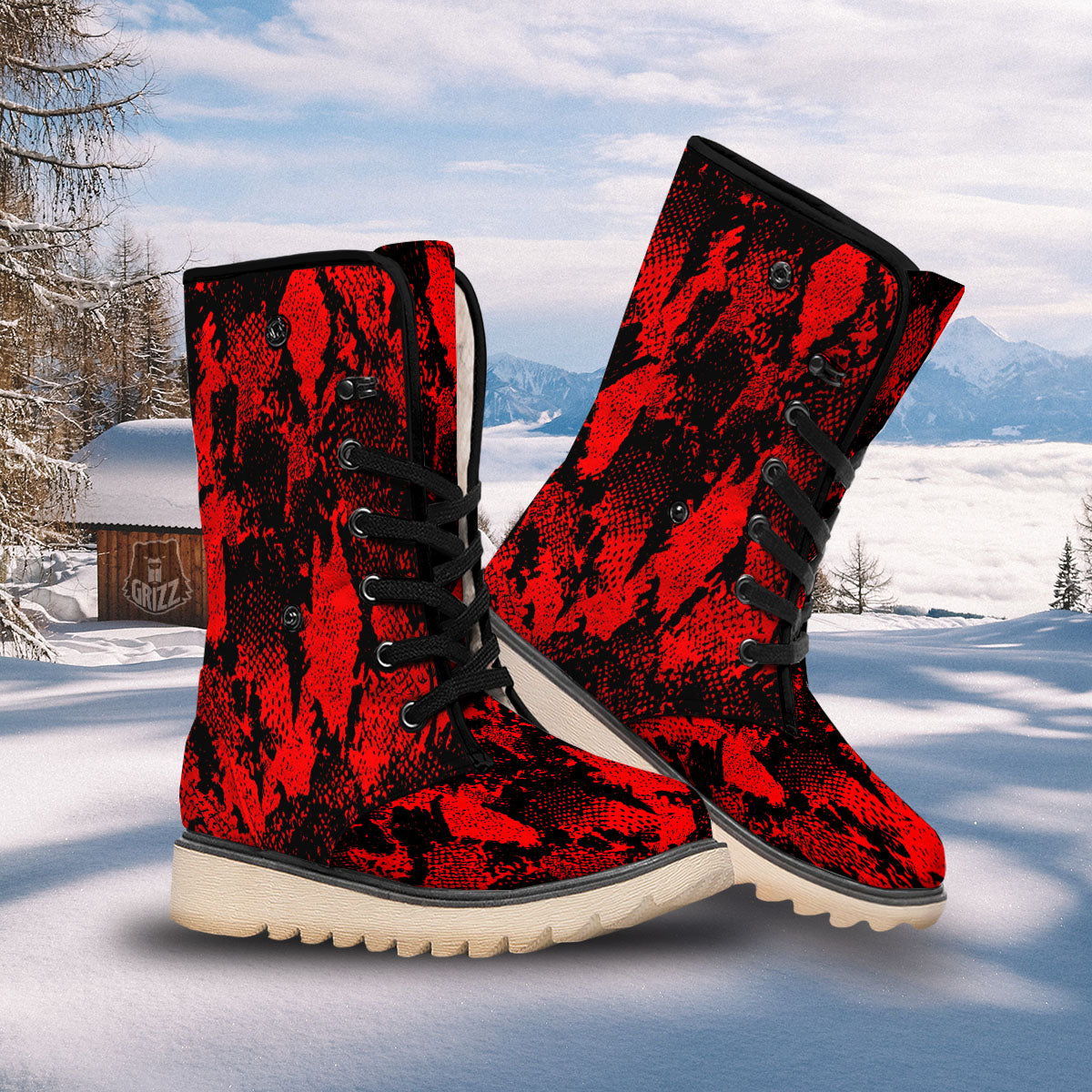 Snakeskin Black And Red Print Snow Boots-grizzshop