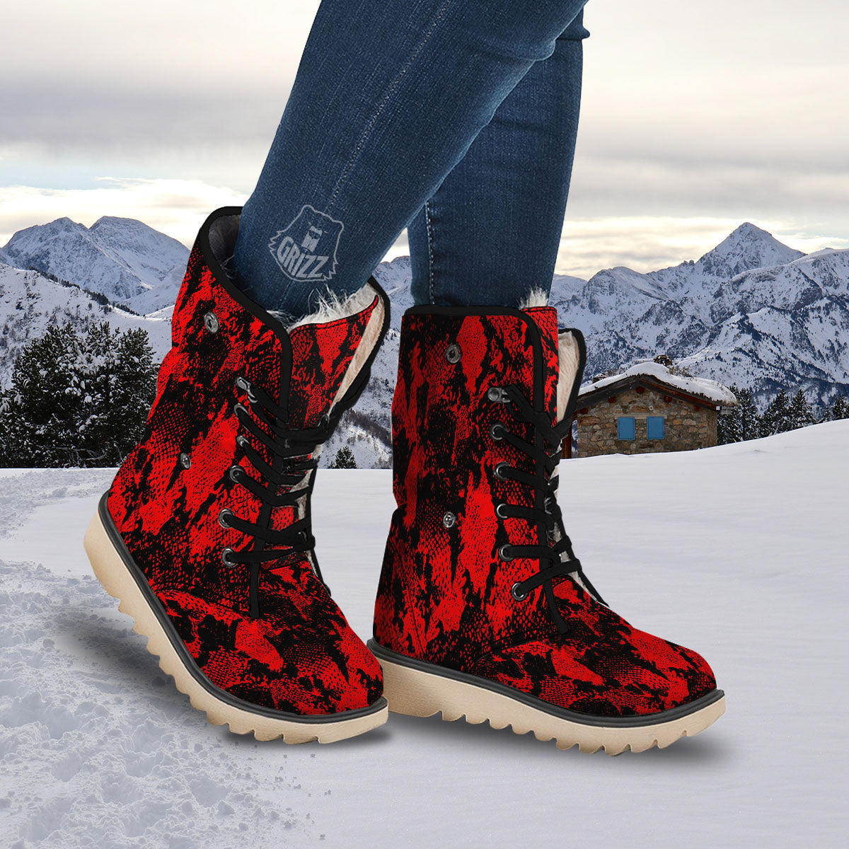 Snakeskin Black And Red Print Snow Boots-grizzshop