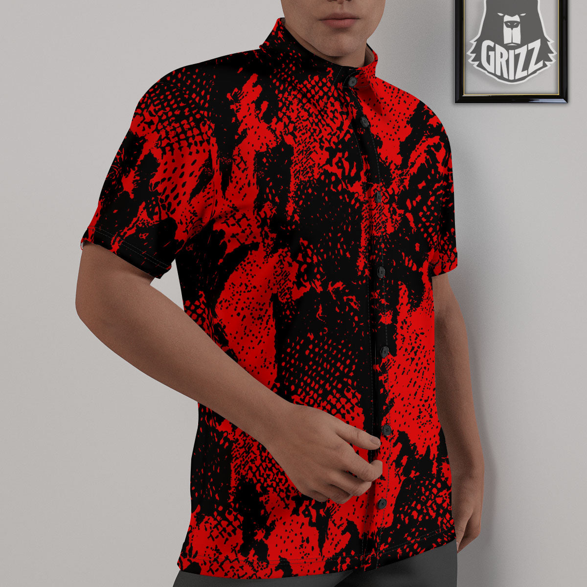 Snakeskin Black And Red Print Untucked Shirts-grizzshop