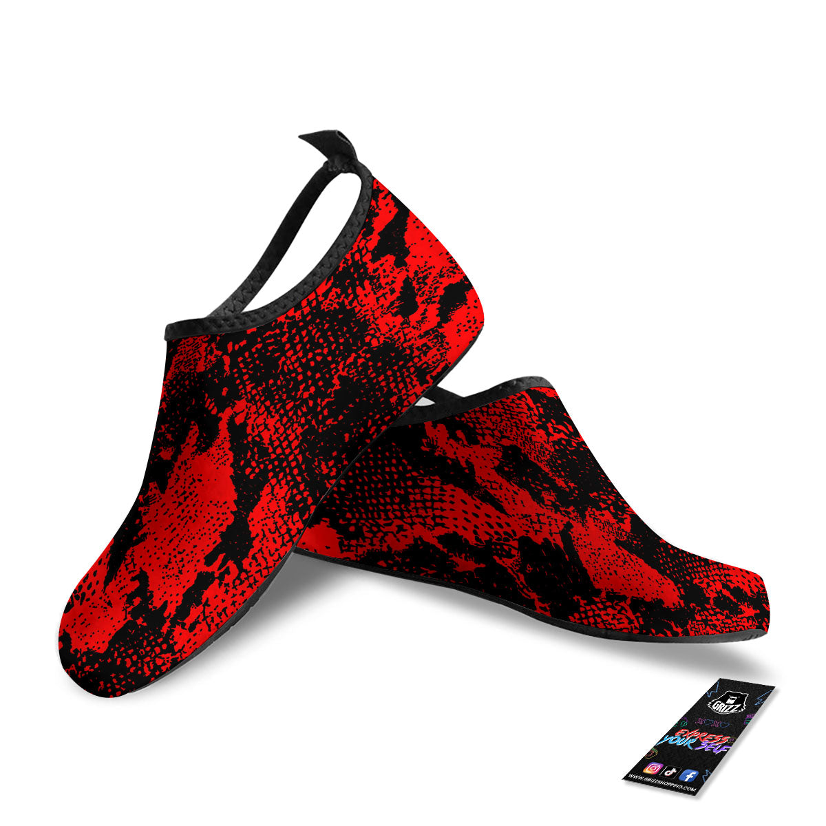 Snakeskin Black And Red Print Water Shoes-grizzshop