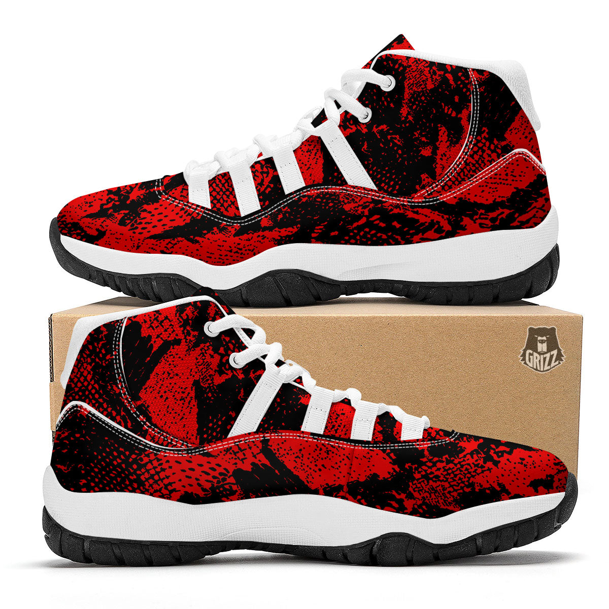 Snakeskin Black And Red Print White Bball Shoes-grizzshop
