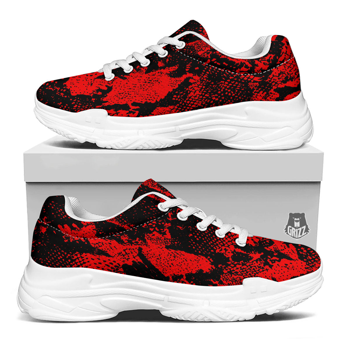 Snakeskin Black And Red Print White Chunky Shoes-grizzshop