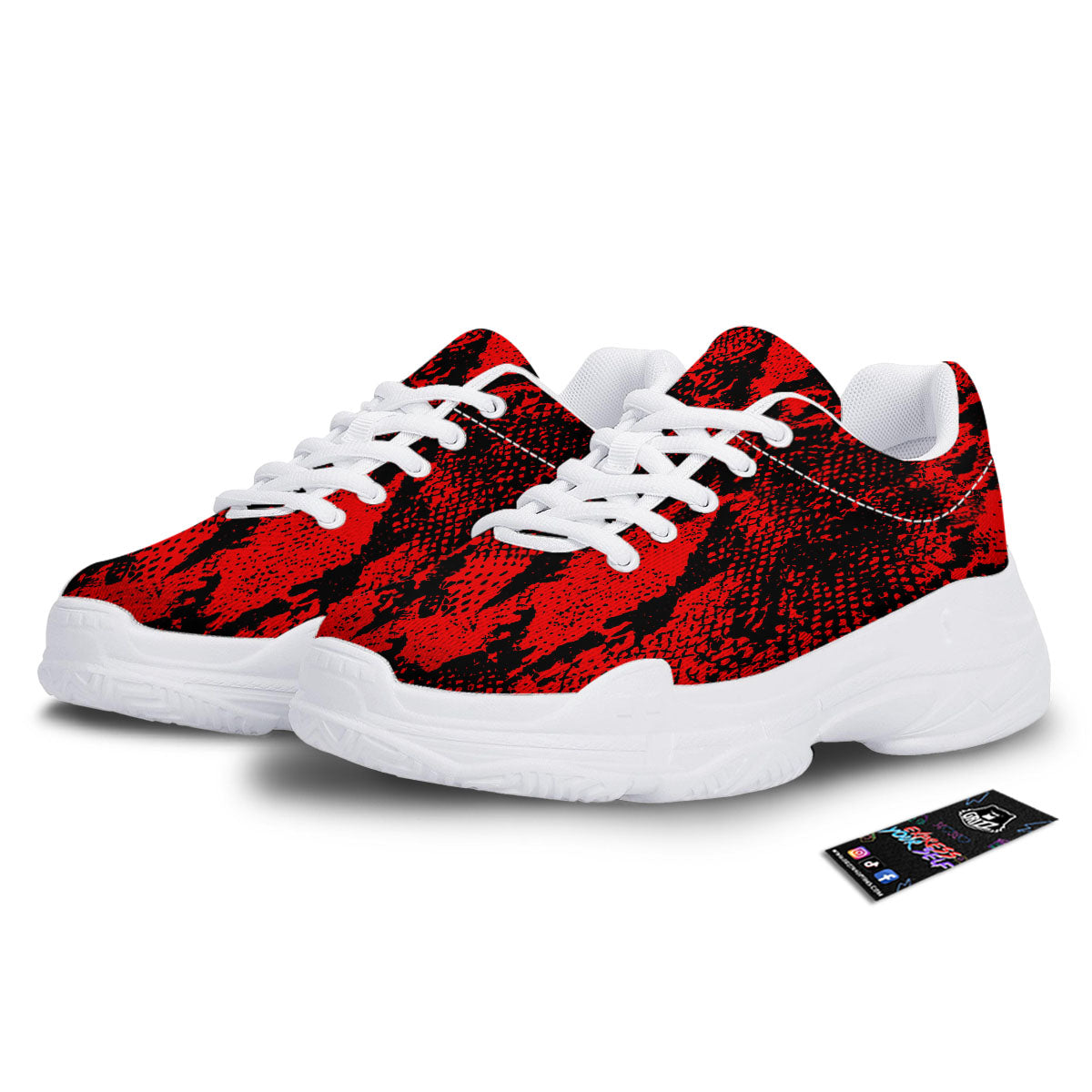 Snakeskin Black And Red Print White Chunky Shoes-grizzshop