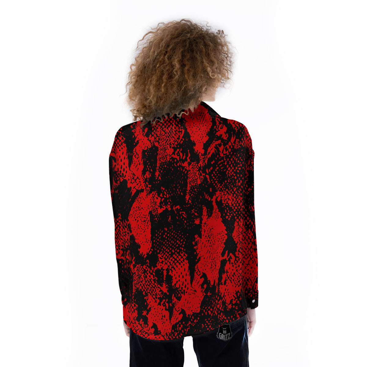 Snakeskin Black And Red Print Women's Long Sleeve Shirts-grizzshop
