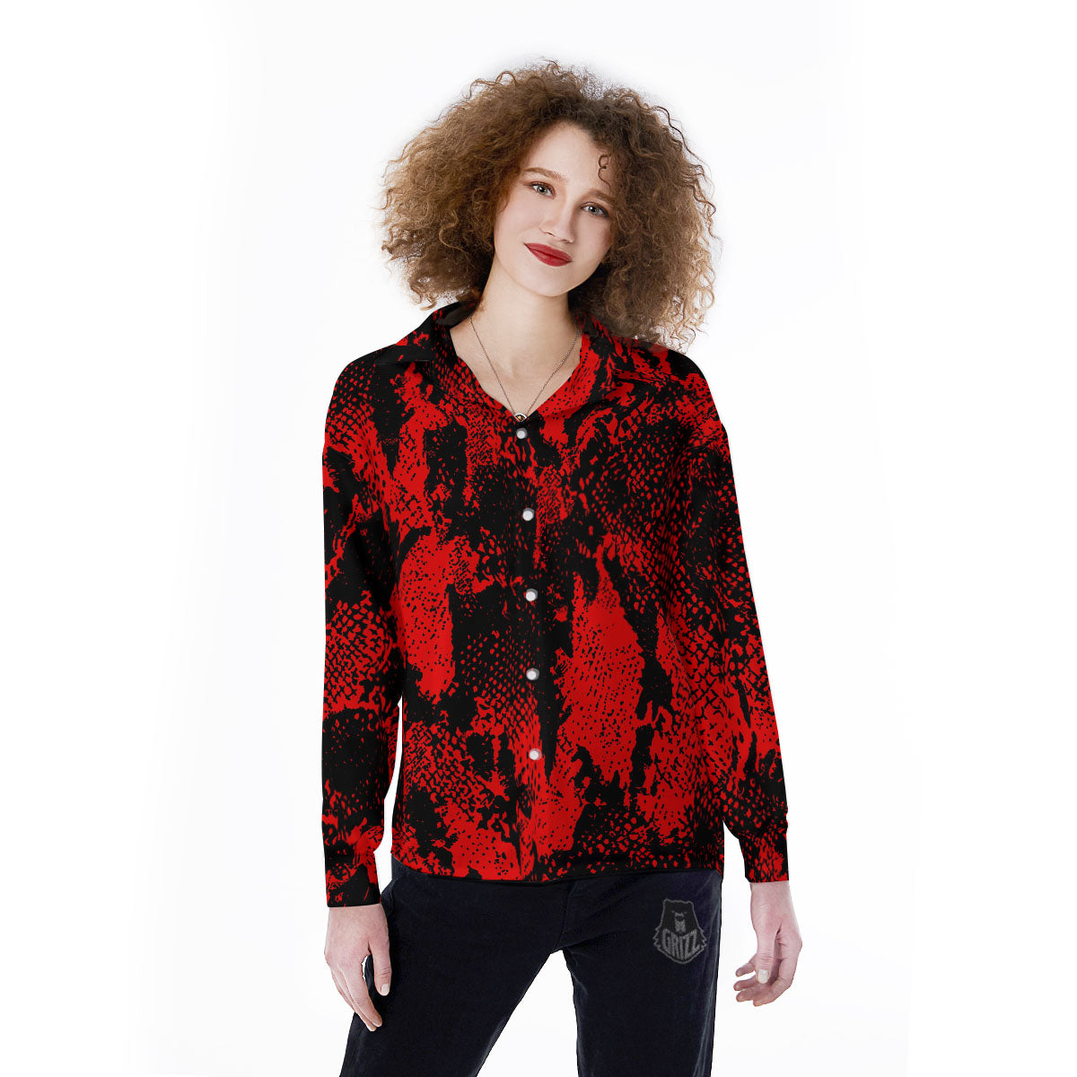 Snakeskin Black And Red Print Women's Long Sleeve Shirts-grizzshop