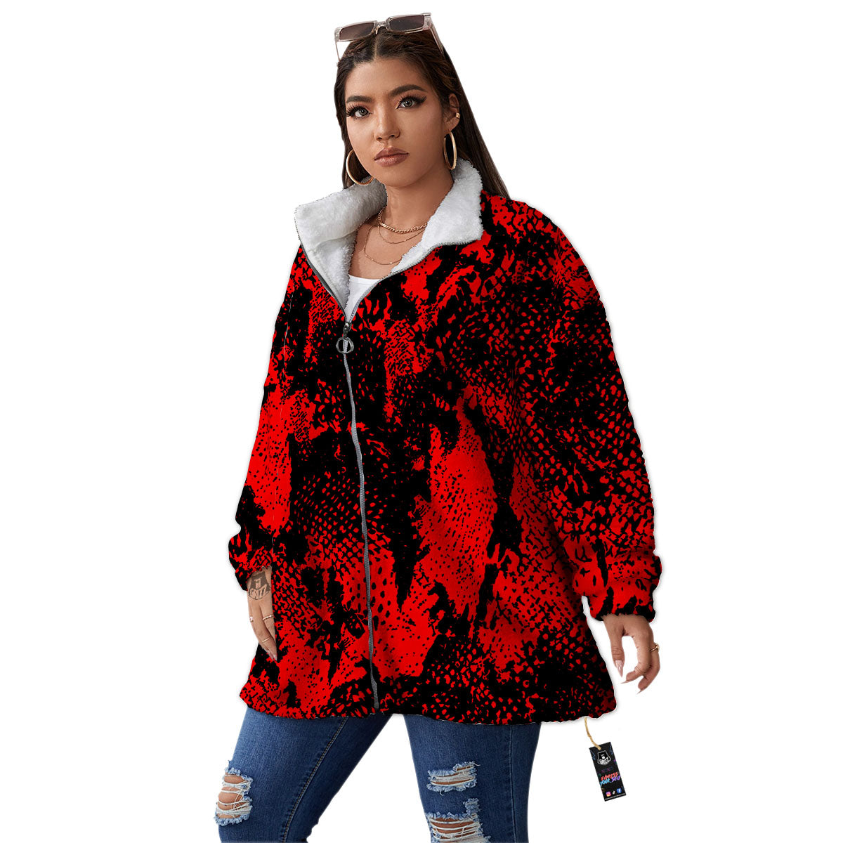Snakeskin Black And Red Print Women's Sherpa Jacket-grizzshop