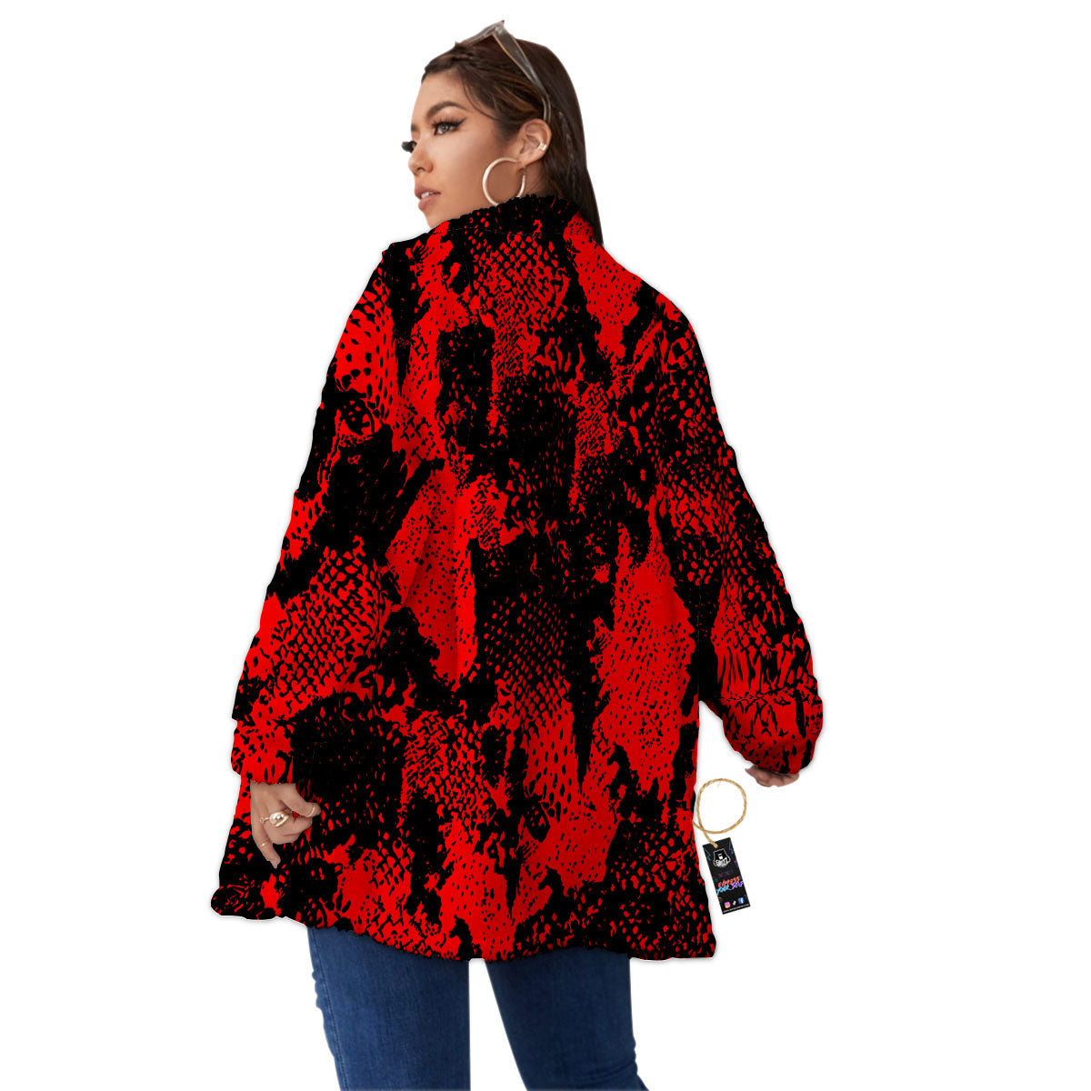 Snakeskin Black And Red Print Women's Sherpa Jacket-grizzshop