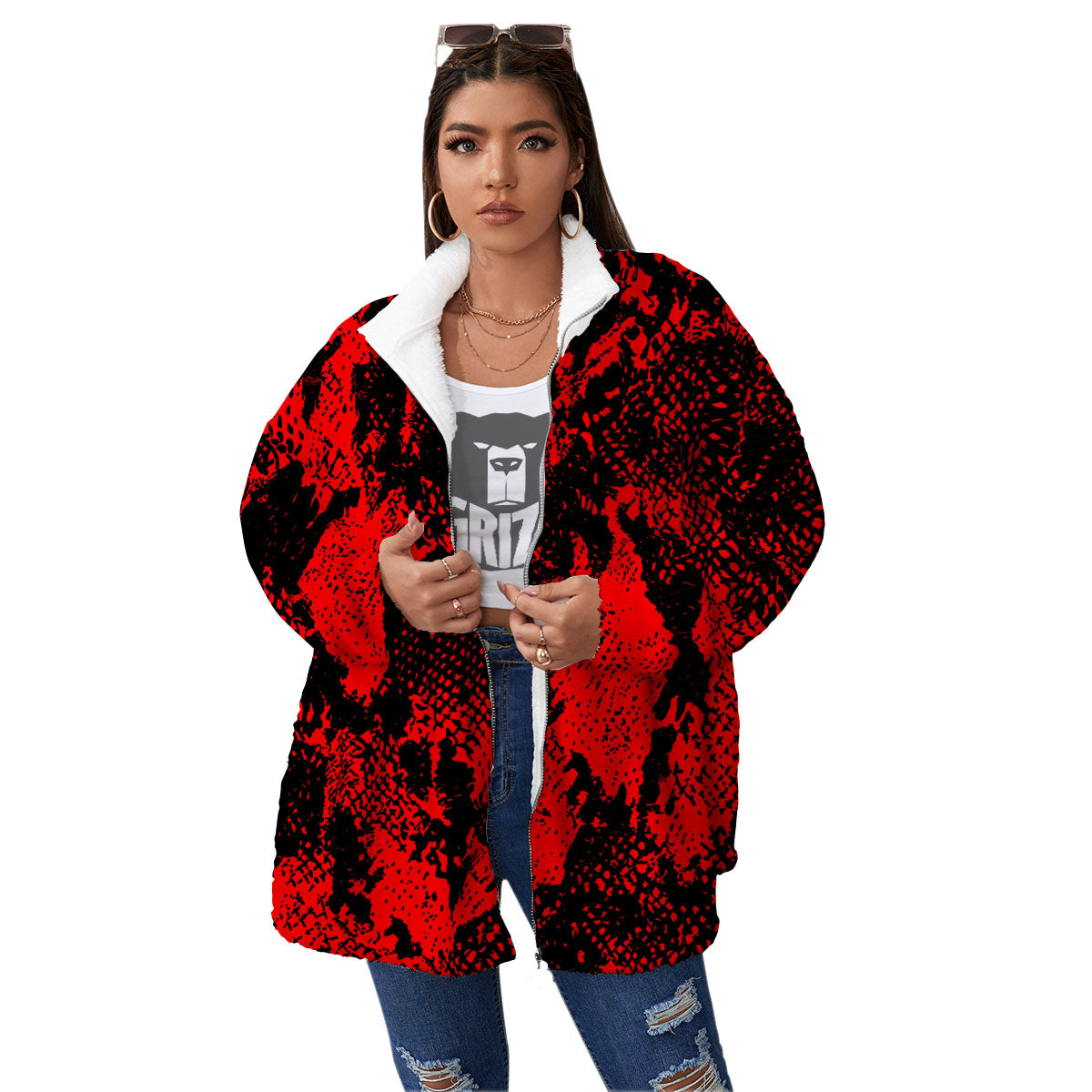 Snakeskin Black And Red Print Women's Sherpa Jacket-grizzshop