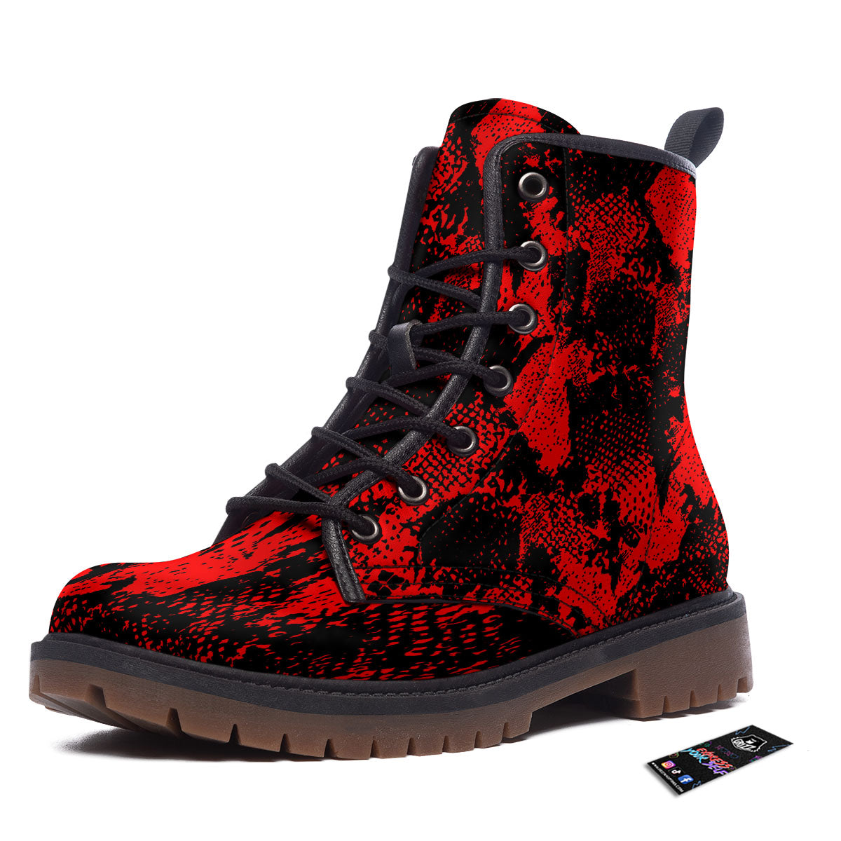 Snakeskin Black And Red Print Work Boots-grizzshop