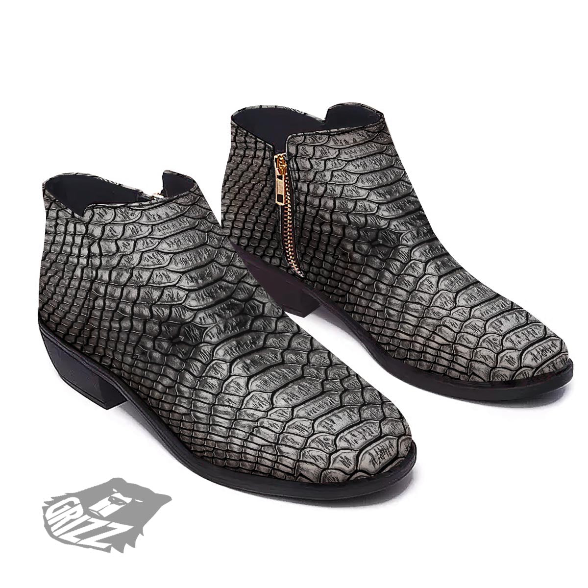 Snakeskin Black And Tan Print Pattern Ankle Boots-grizzshop