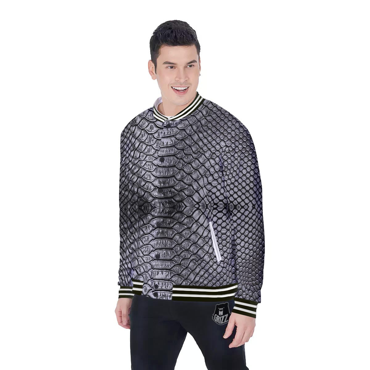 Snakeskin Black And Tan Print Pattern Baseball Jacket-grizzshop