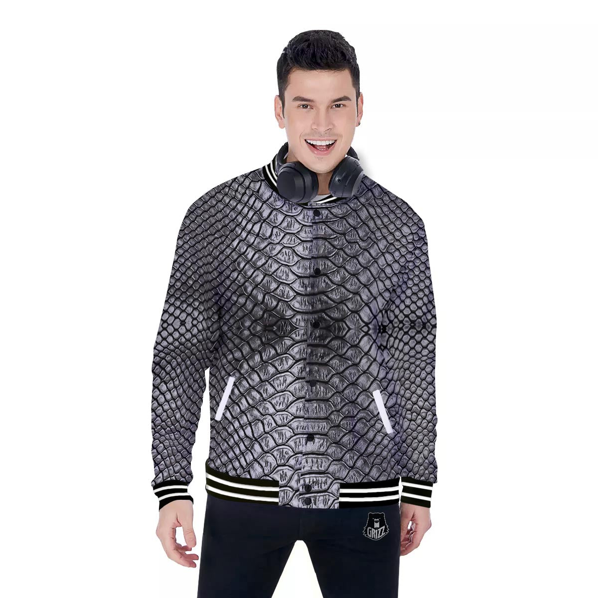 Snakeskin Black And Tan Print Pattern Baseball Jacket-grizzshop