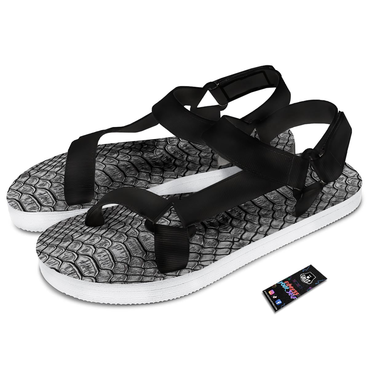 Snakeskin Black And Tan Print Pattern Black Open Toe Sandals-grizzshop