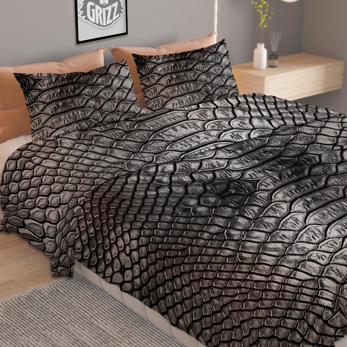 Snakeskin Black And Tan Print Pattern Duvet Cover Bedding Set
