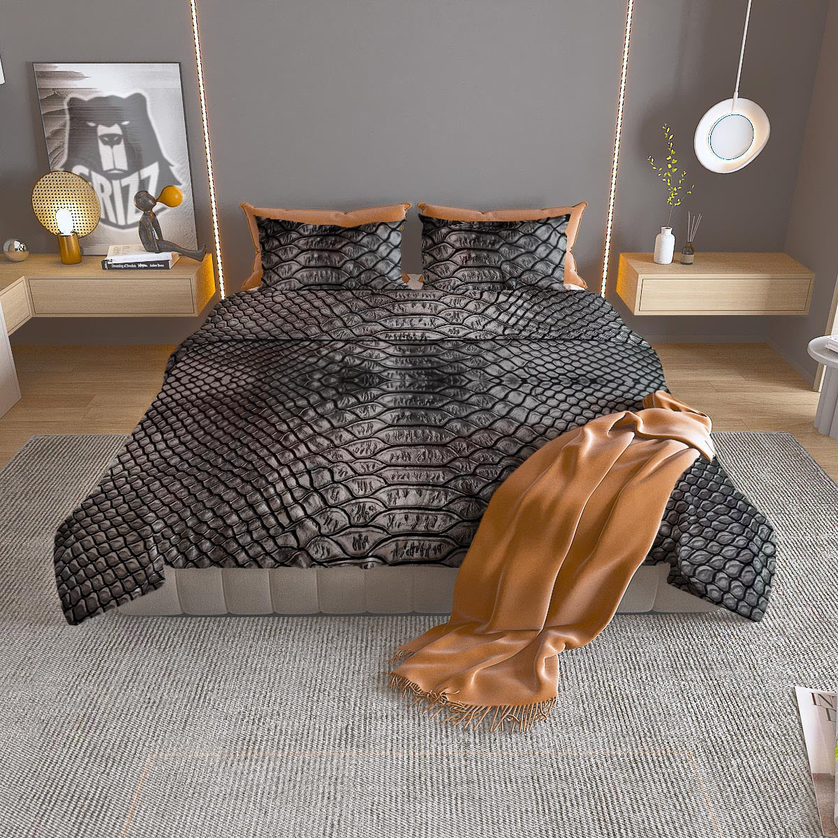 Snakeskin Black And Tan Print Pattern Duvet Cover Bedding Set