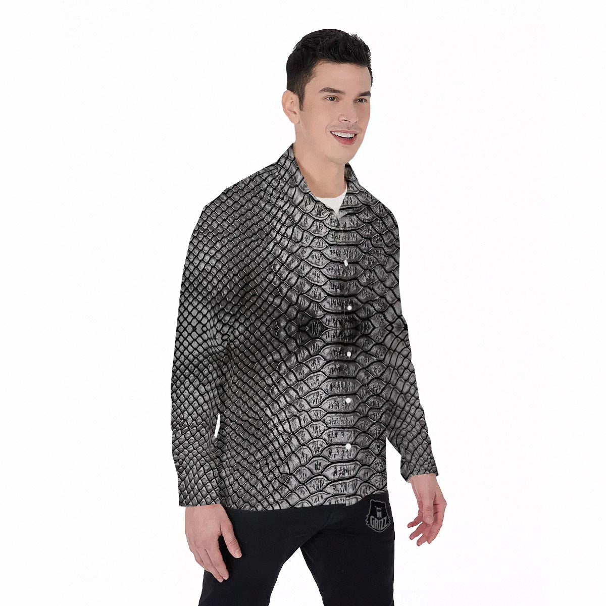 Snakeskin Black And Tan Print Pattern Men's Long Sleeve Shirts-grizzshop