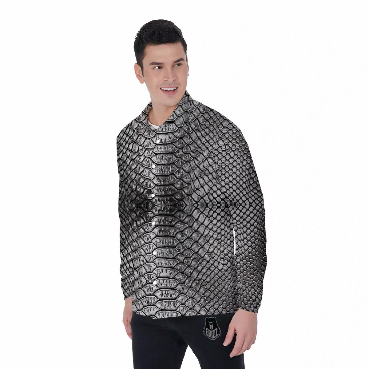 Snakeskin Black And Tan Print Pattern Men's Long Sleeve Shirts-grizzshop