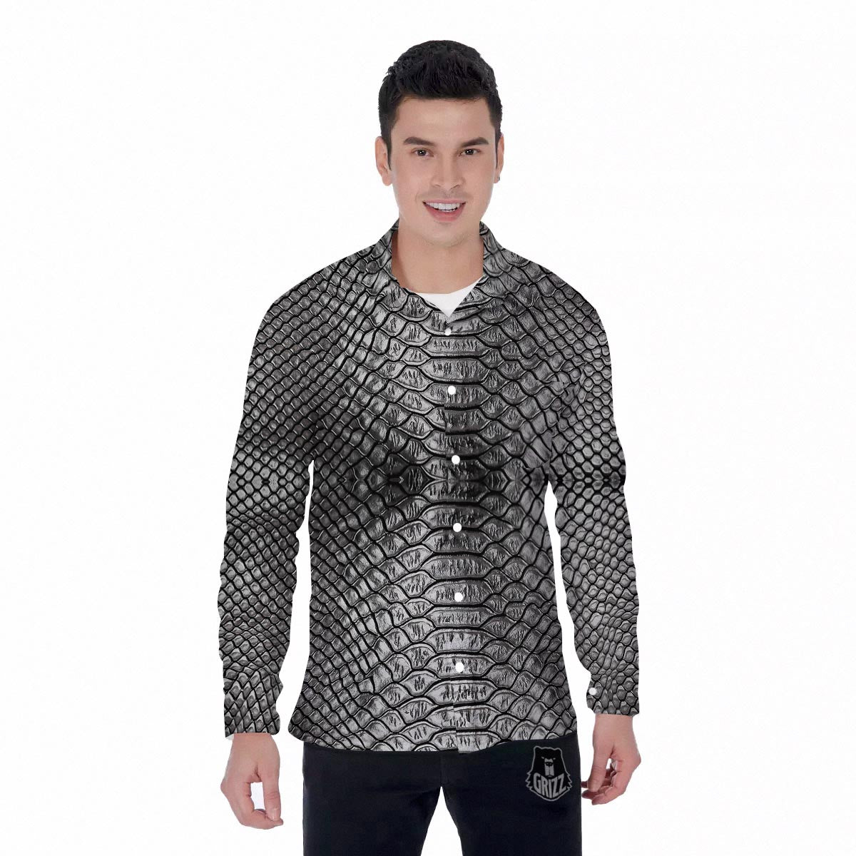 Snakeskin Black And Tan Print Pattern Men's Long Sleeve Shirts-grizzshop